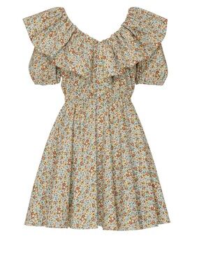 Petersyn Floral Ruffle Midi Dress in Cream with Orange & Blue Flowers